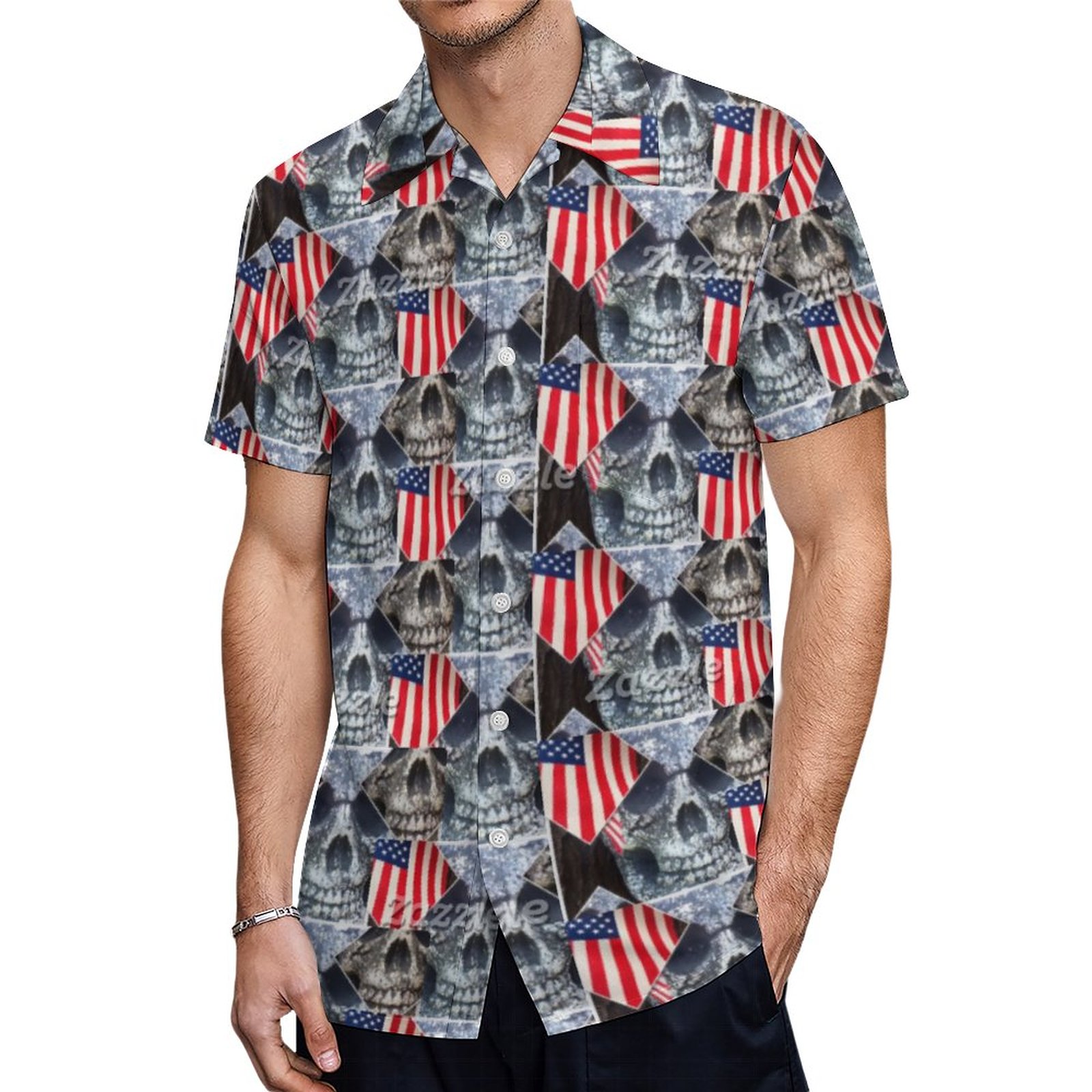 Attitude Roxxs Unisex Patriot Skulls Hawaiian Shirt Mens Button Down Plus Size Tropical Hawaii Beach Shirts