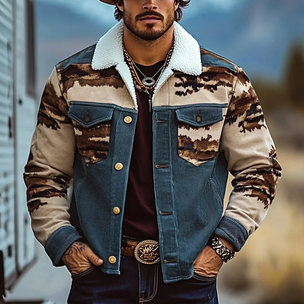 Men's Vintage Western Cowboy Printed Sherpa Jacket-inspireuse