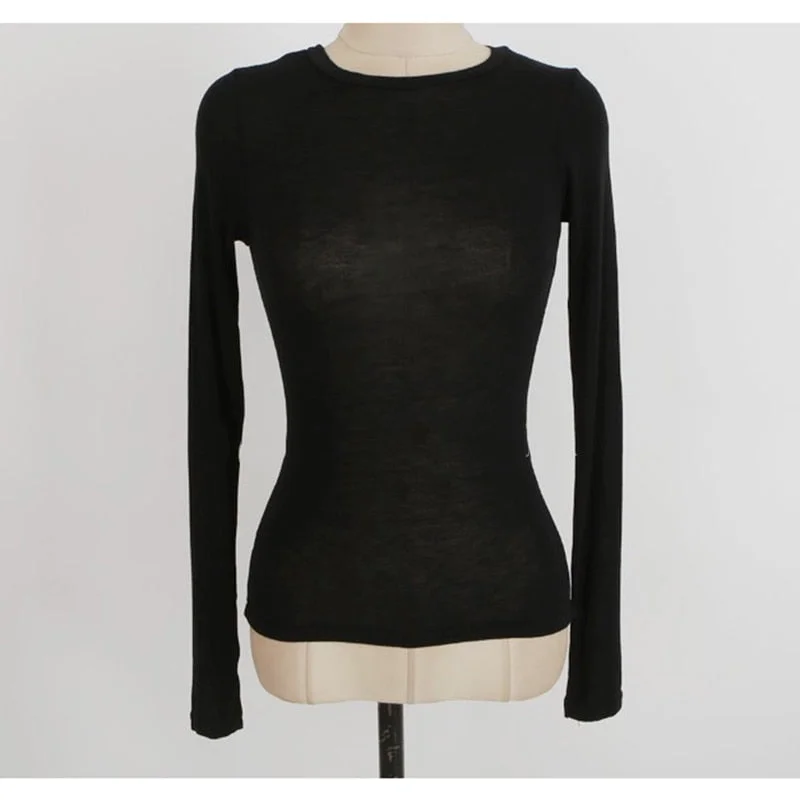 Summer Fashion Round Neck Tops Long Sleeve Cotton T Shirt Slim T-shirt Women 2021 Basic Korean Tees Sexy Thin T-shirt See Throug