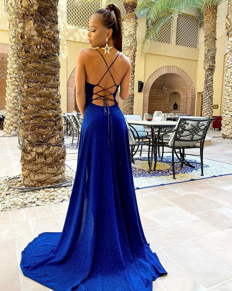 Bellasprom Royal Blue Mermaid Evening Dress Split Spaghetti Straps 