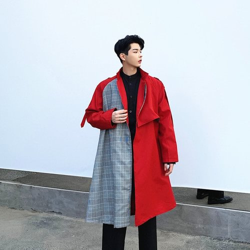 -Small Fragrant Wind Color Matching Plaid Trench Coat-Usyaboys-Mne and Women's Street Fashion Shop-Christmas