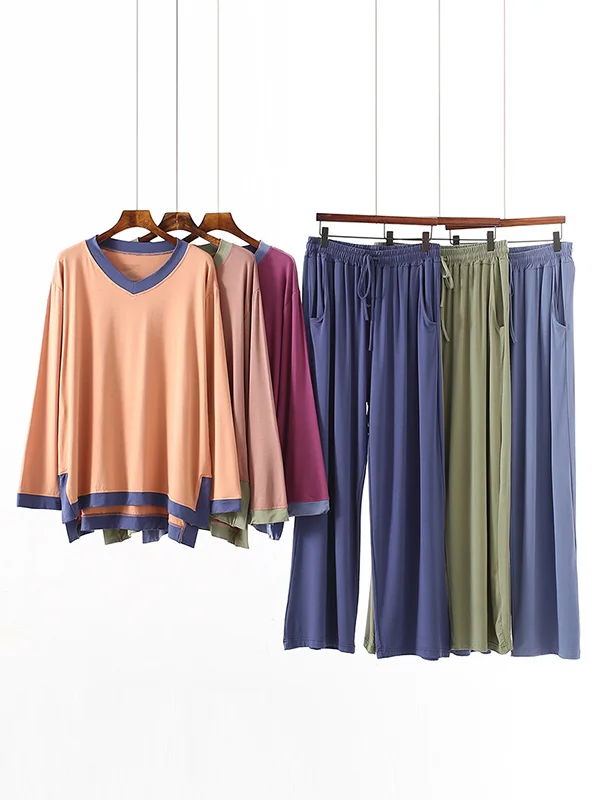 Roomy Contrast Colors V-Neck Long Sleeve&Long Pants Pajamas Set