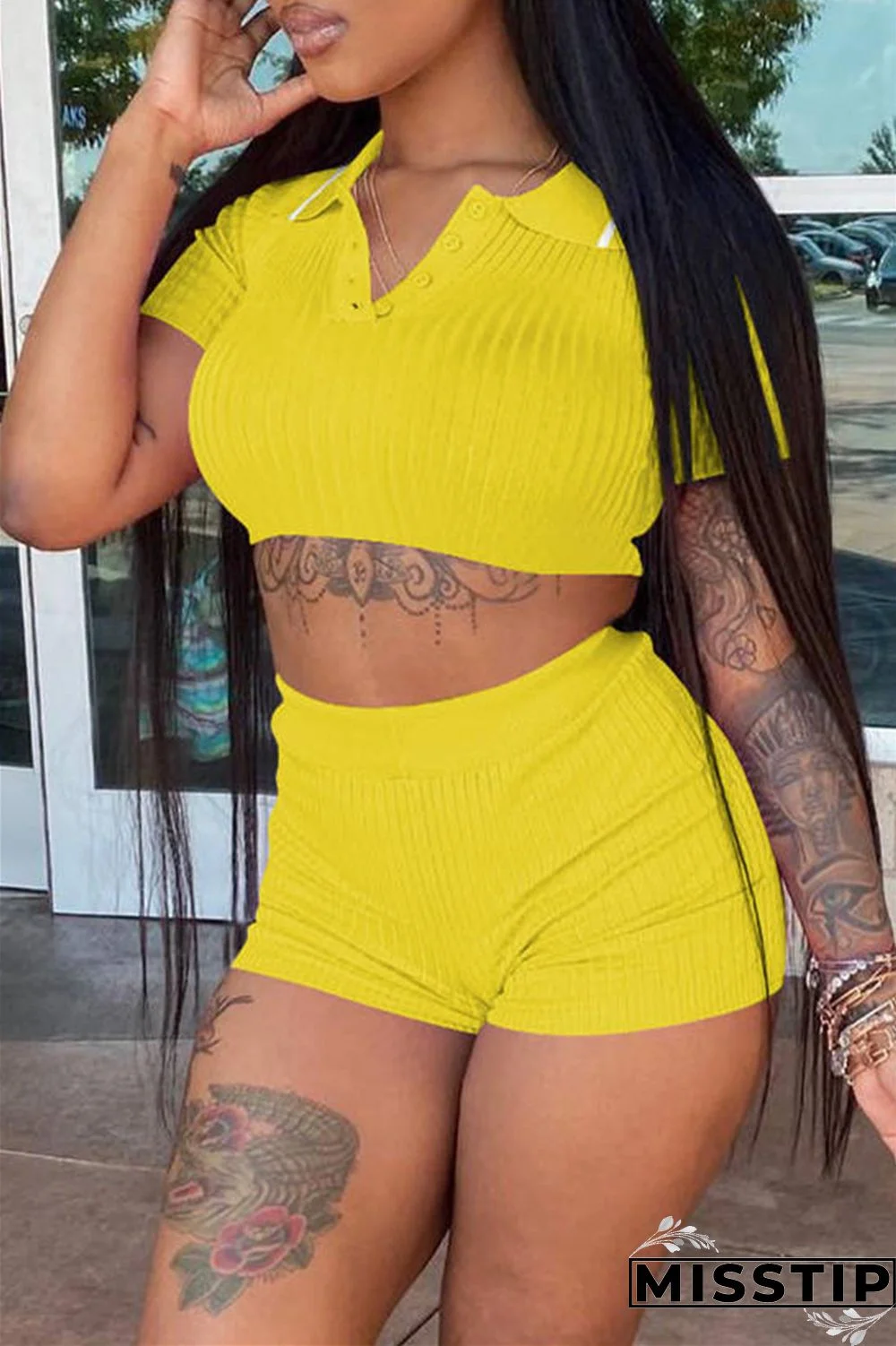 Black Fashion Casual Solid Basic Turndown Collar Short Sleeve Two Pieces