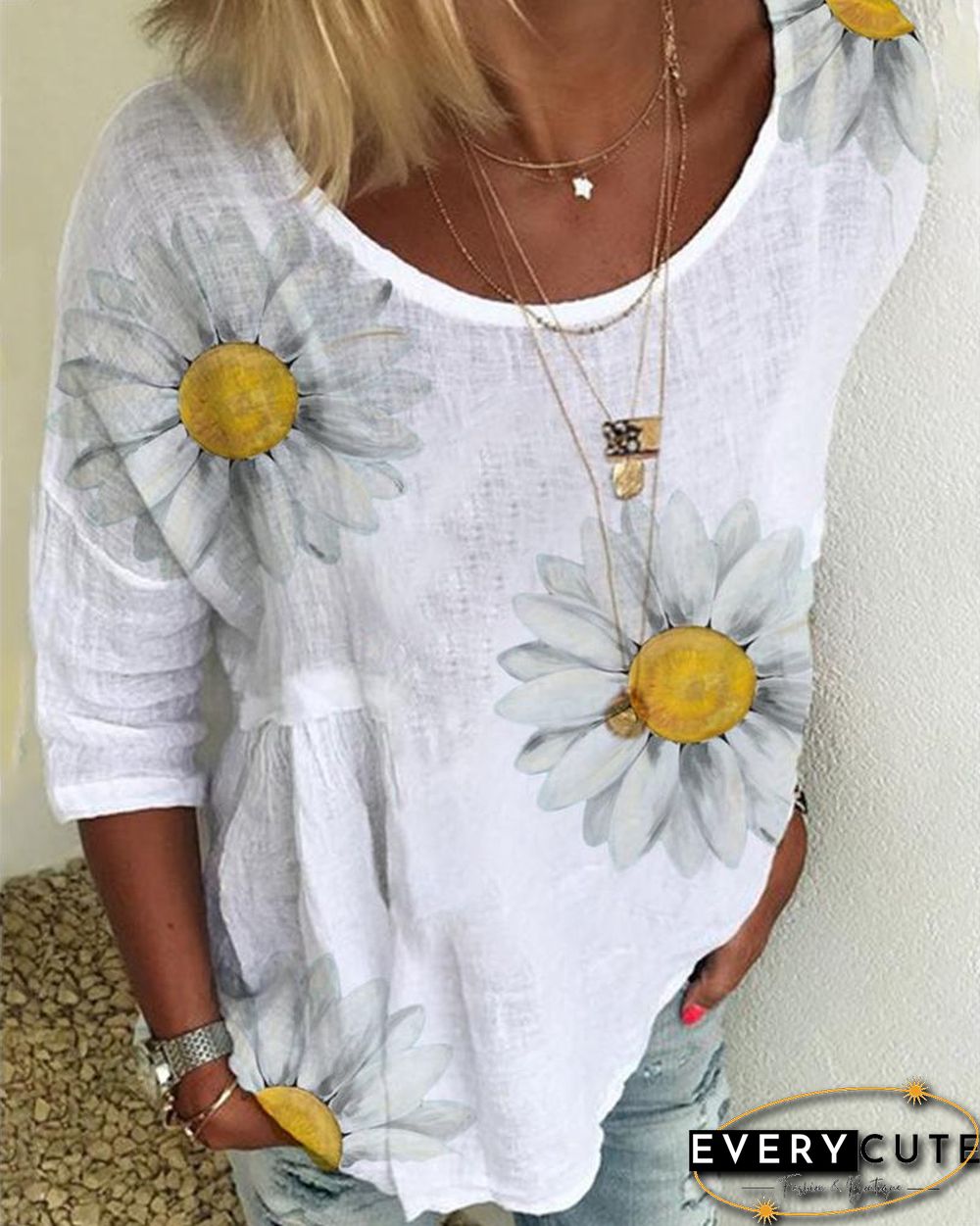 Daisy Print Short Sleeve Casual T-shirt P11198