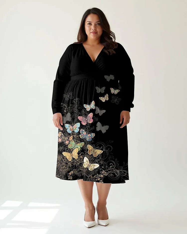 Plus Size Elegant Butterfly Print Wrap Midi Dress