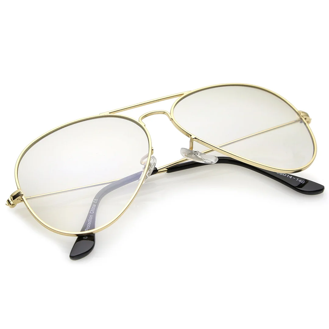 Retro Small Double Nose Bridge Slim Temple Clear Lens Aviator Eyeglasses 57mm