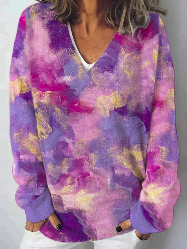 Colorful Oil Painting Art Women's V-Neck Sweater