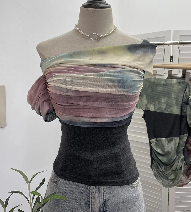 Uveng Real Shooting Can Wear Two-Wear Art Dizzy Net Yarn Spliced A Word Shoulder T-Shirt To Repair The Chest Short Babes Top 1131