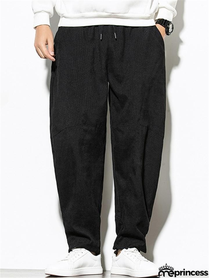 Mens Corduroy Elastic Waist Drawstring Loose Harem Pants