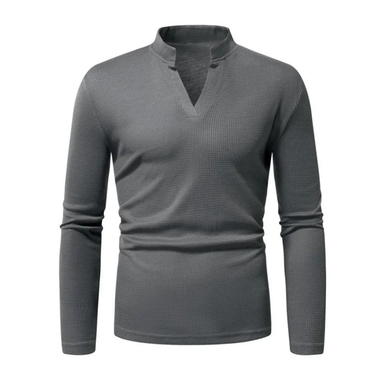 Men's Casual V-neck Waffle Slim Fit Long Sleeve T-shirt