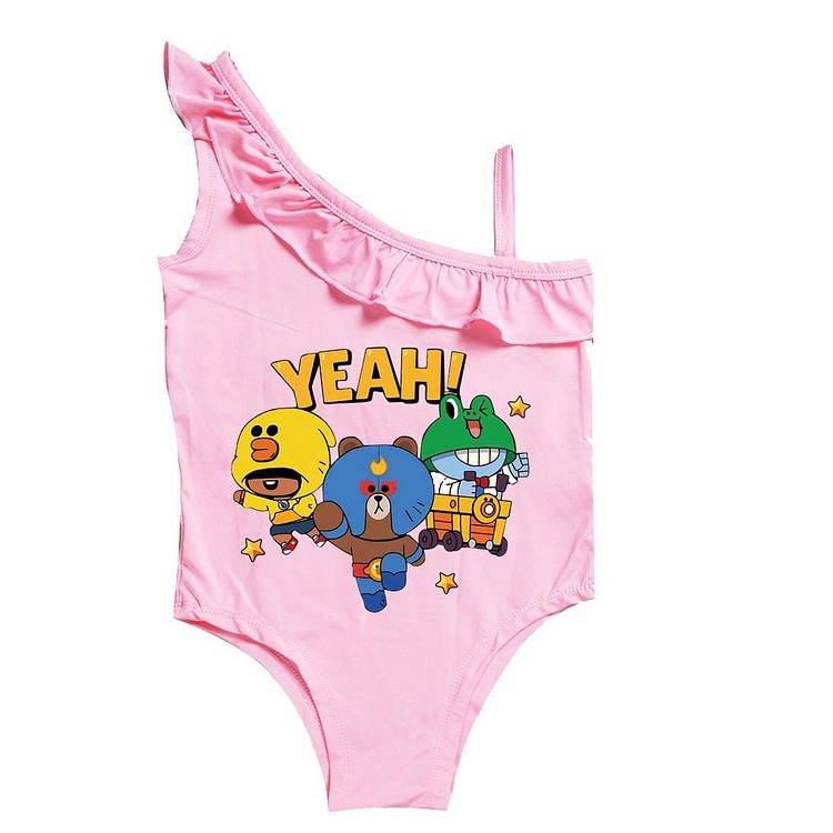Mayoulove Girls Cute Brawl Stars Print One Piece Ruffle Shoulder Bathing Suit-Mayoulove