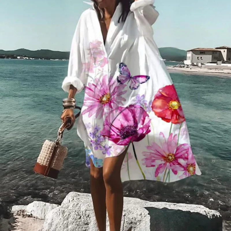 Floral Print Casual Loose Shirt Midi Dress