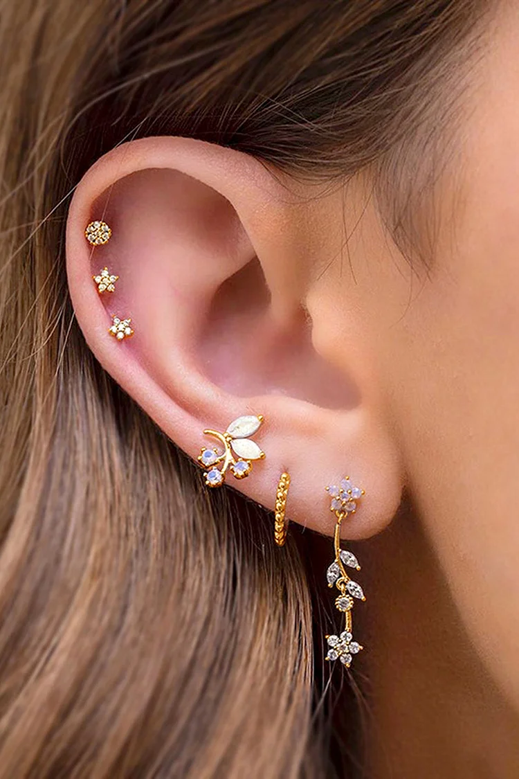 Rhinestone Flower Butterfly Moon Chain Stud Earrings