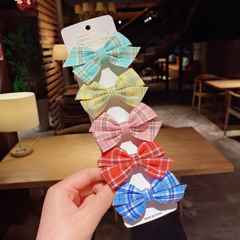 5PCS/Set New Girls Cute Plaid Print Star Hairpins For Kids Children Sweet Headband Hair Clips Barrettes Fashion Bow Accessories