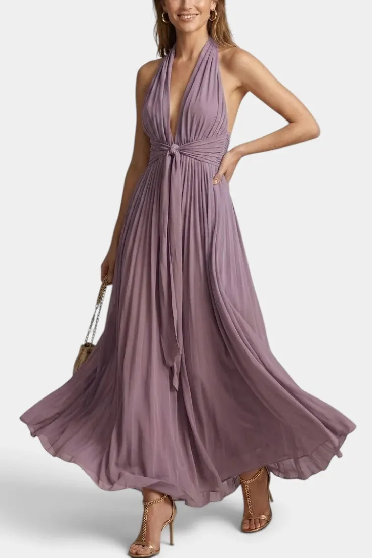 Deep Halter Maxi Dress with Front Knot Detail