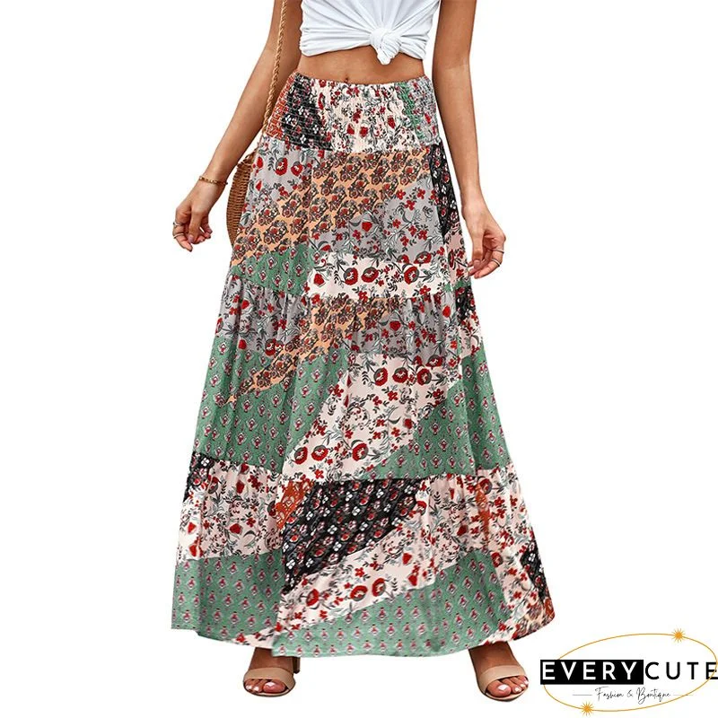 Multicolor Boho Print Tie-Up Waist Long Maxi Skirt