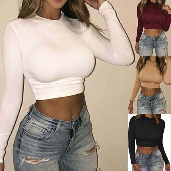 Pure Color Fashion Women's Casual Round Neck Bottoming Long Sleeved Shirt Crop Tops - BlackFridayBuys
