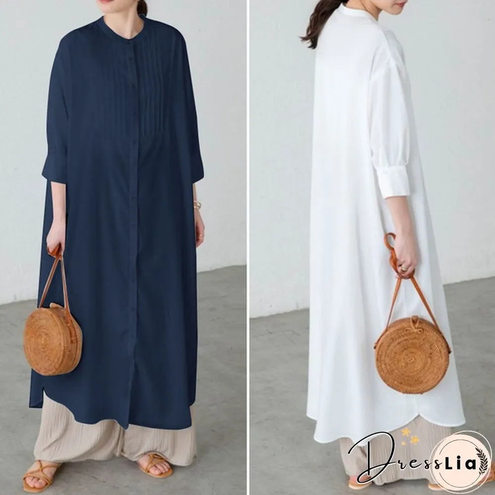 Ladies Spring Casual Kaftan Solid Sleeve Holiday Loose Top Pleated Long Dress Plus Size