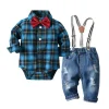 Baby Boy Denim Plaid Gentleman Bib Jeans 2Pcs/Set
