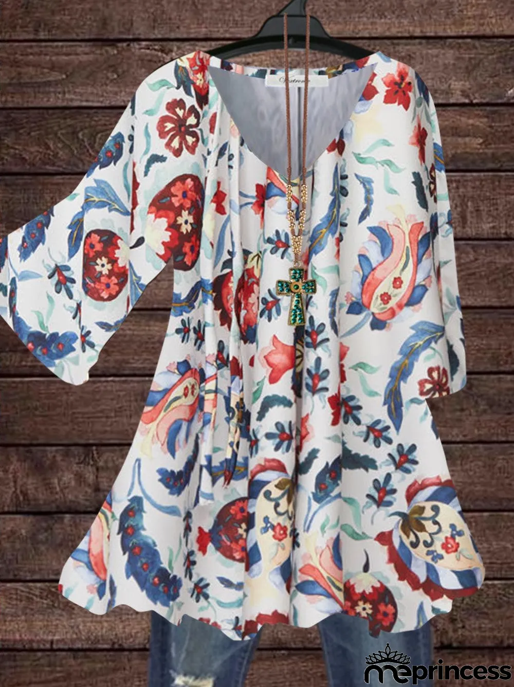 Women 3/4 Sleeve V-neck Floral Printed Graphic Top