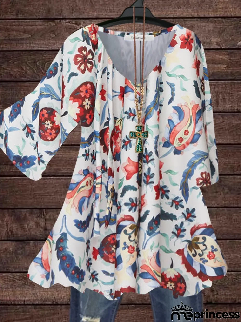 Women 3/4 Sleeve V-neck Floral Printed Graphic Top