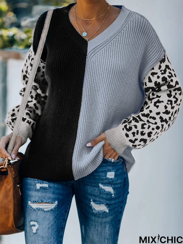 Leopard Color Block V Neck Casual Sweater