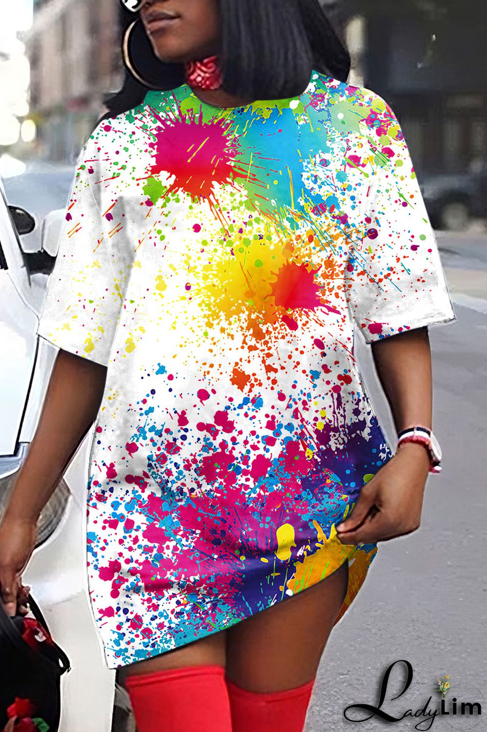 Yellow Casual Print Basic O Neck T-shirt Dress Short Sleeve Dress