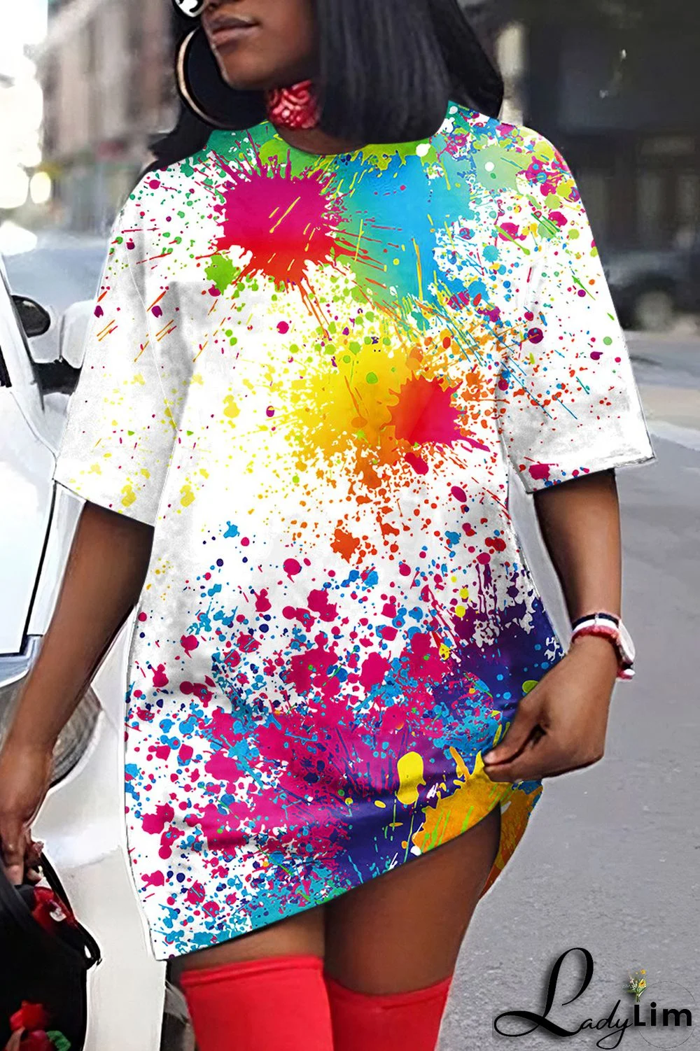 Yellow Casual Print Basic O Neck T-shirt Dress Short Sleeve Dress