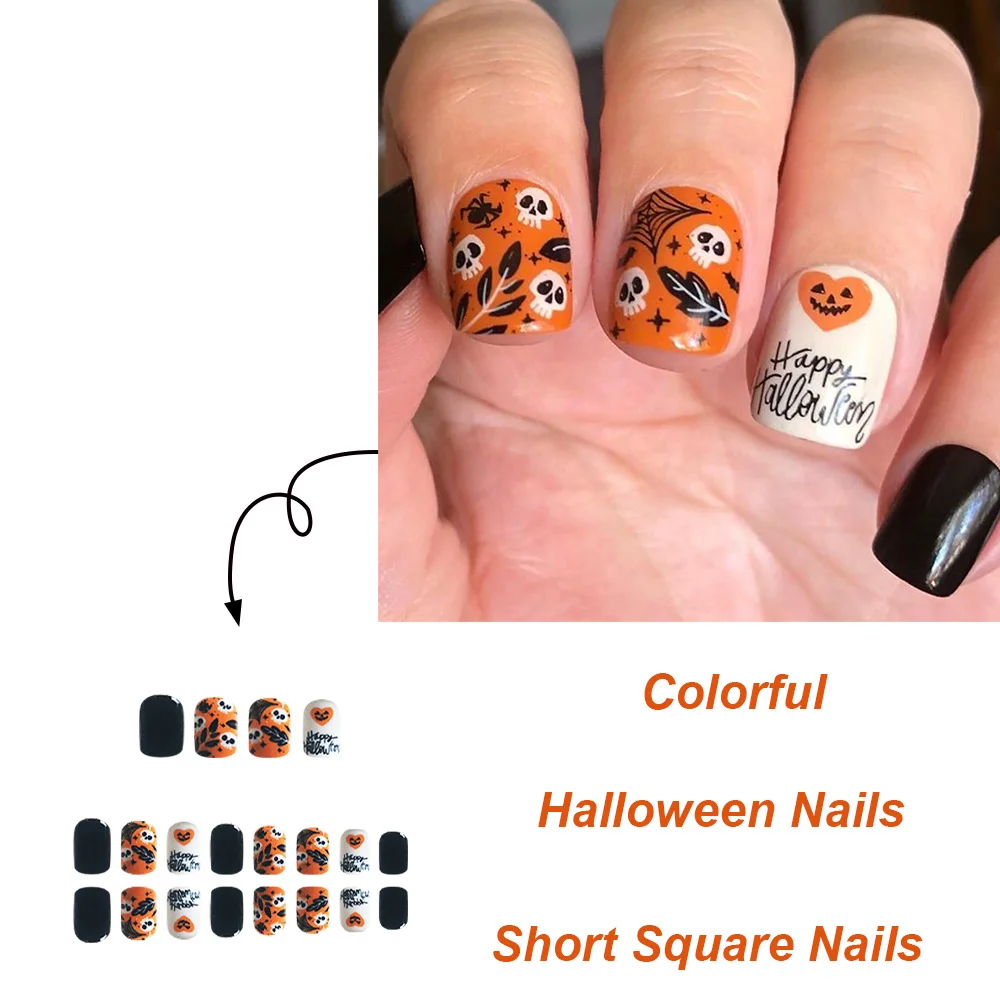Churchf Churchf Short Square Armour Skull Leaves Spider Web Letters Fake Nails Finished Wear Nail Holiday Nail