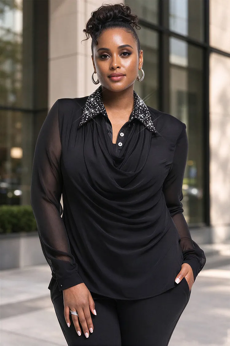 Xpluswear Design Plus Size Business Casual Black Cowl Neck Long Sleeve Drilling Fold Tulle Blouses [Pre-Order] 2024 - Xpluswear