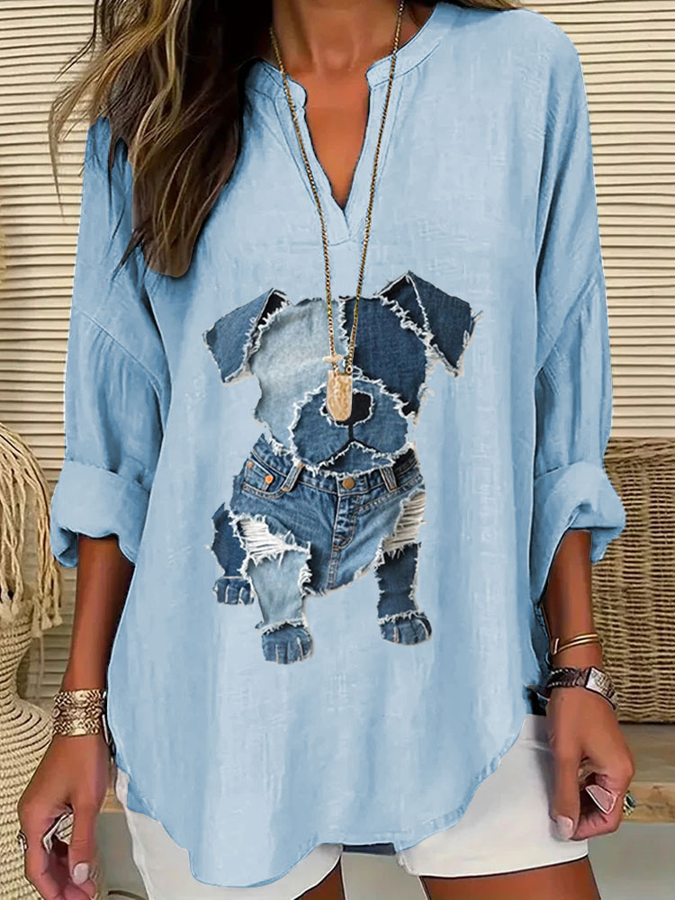 Women's Casual Funny Denim Dog Print T-shirt elevenforest