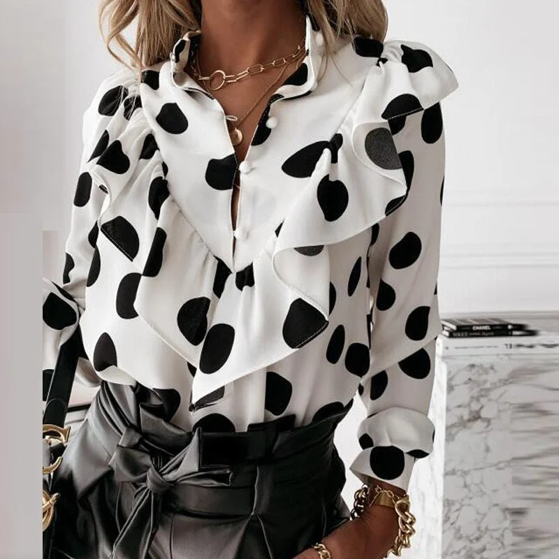 Dot Print Ruffle Blouse Shirt Autumn Casual Leopard Winter Long Sleeve Women Shirts Elegant Office Lady V-Neck Button Tops shirt