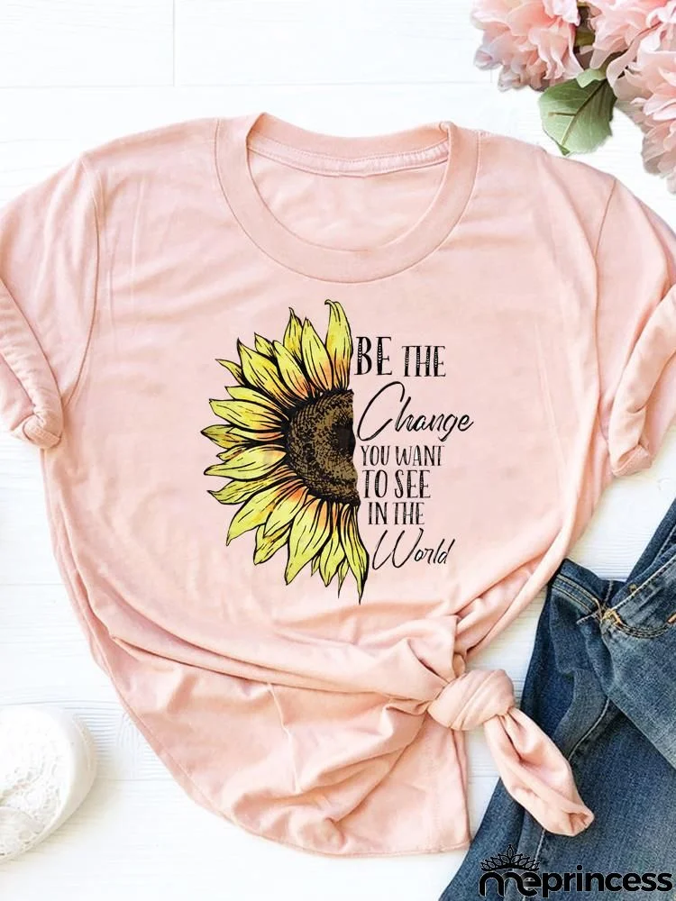 Women Fashion Base Letter Sunflower Cross Print Round Neck Short Sleeve T-Shirt