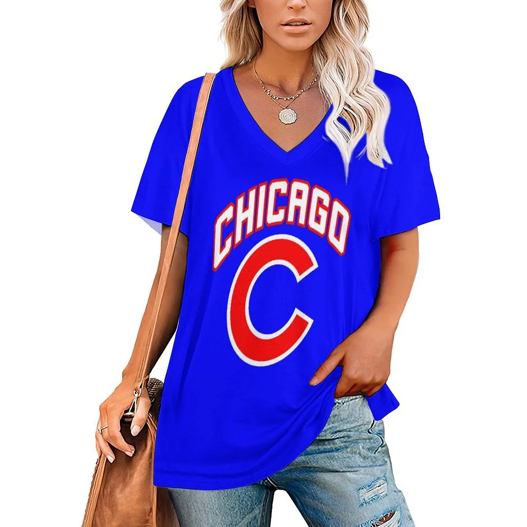 V-neck Short Sleeve Casual T-shirt for  Women Printed with Pattern,Blue,Red