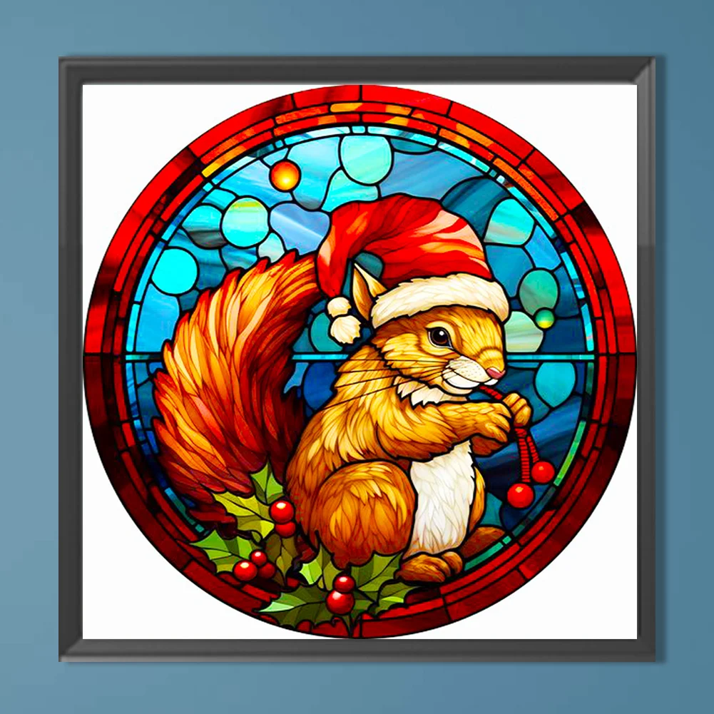 Diamond Painting - Full Round Drill - Stained Glass Xmas Squirrel(Canvas|40*40cm)