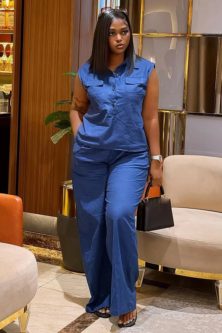 Sleeveless Pocket Button Up Blouse Solid Color Pants 2pcs Set-Blue