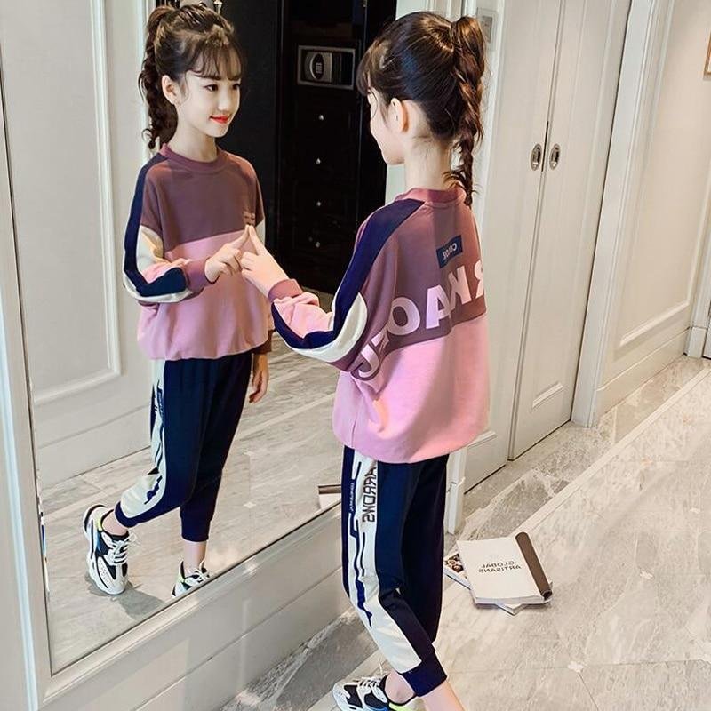 Sport Spring Autumn Warm Girls Suit Cotton Sweater + Pants 2Pcs/Sets Teenage Children's School Clothing Kids Party High Quality