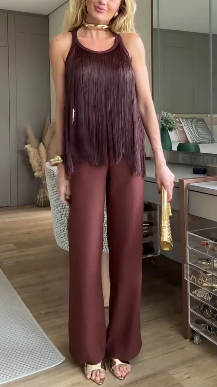 Ladies' Round Neck Hanging Neck Tassel Top and Pants Casual Suit