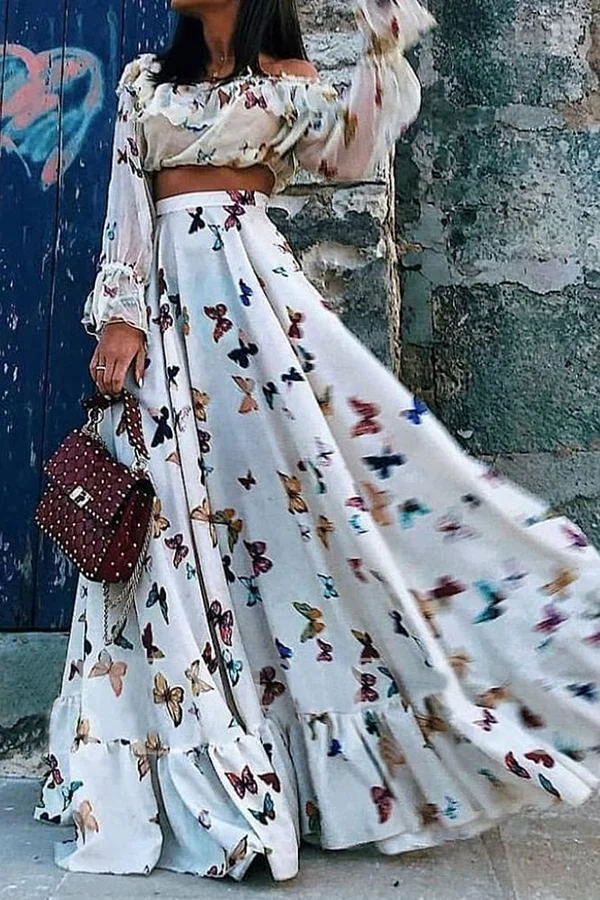 Womens Butterfly Printed Two-piece Bohemian Elegant Dress-Allyzone-Allyzone
