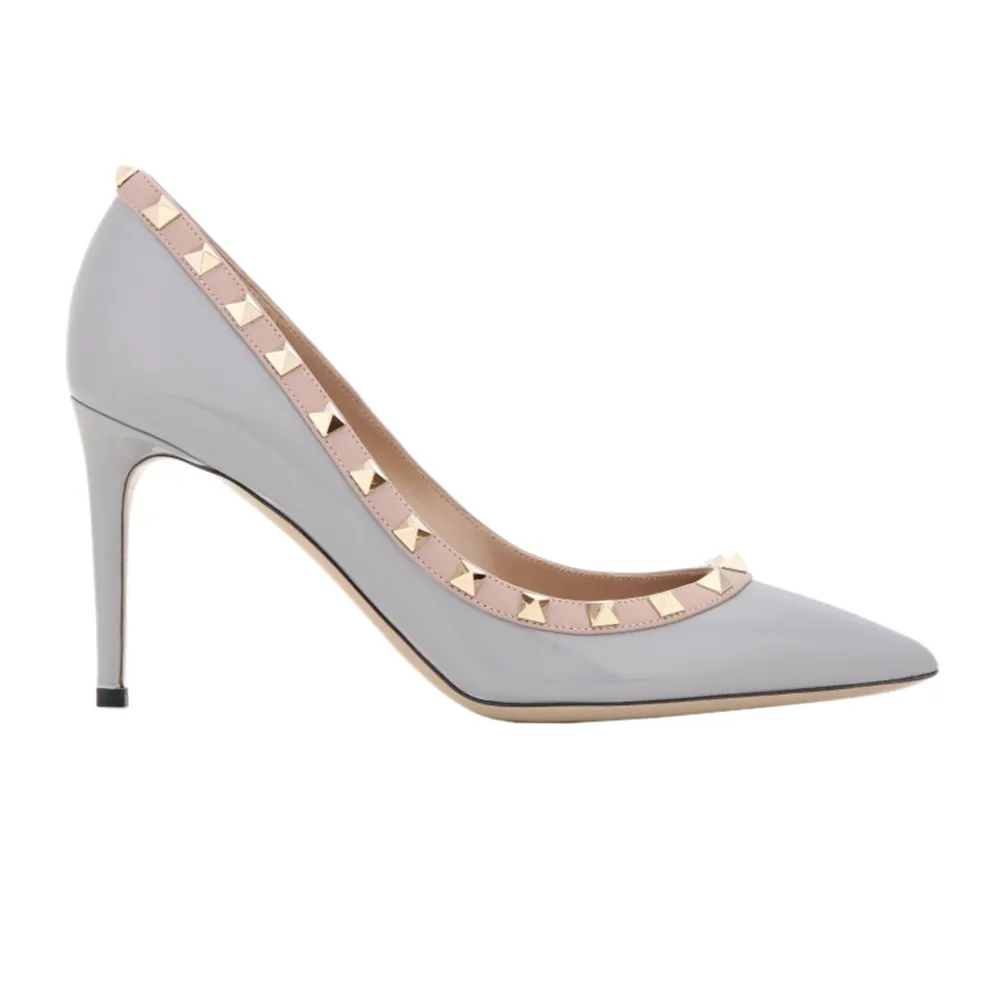 100mm Women's Sexy Pointy Toe Studs Stilettos High Heels Rivets Shoes Grey Patent-vocosishoes