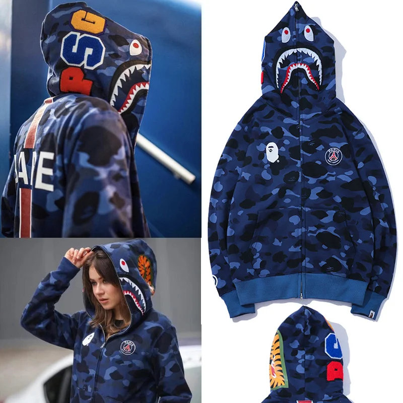 Unisex  BAPE Hoodie Blue Camo Joint Camouflage Hooded Cardigan Zipper Hoodie