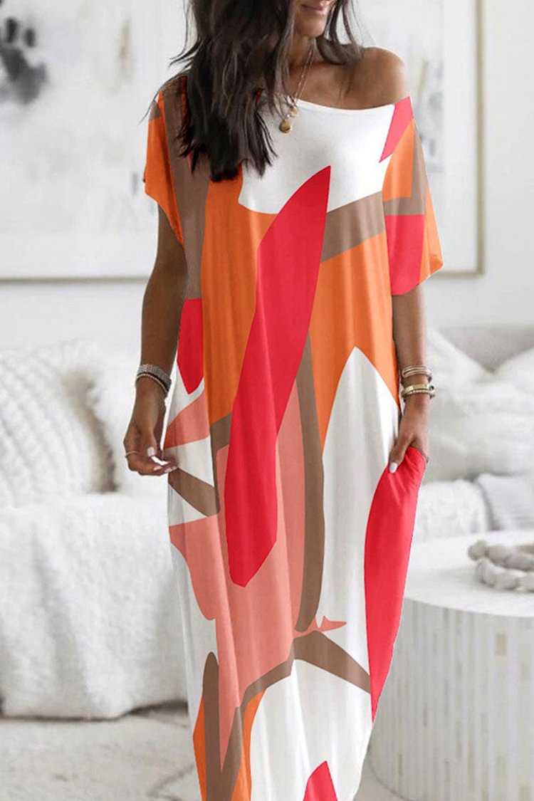 Xpluswear Plus Size Casual Daily Colorblock Print O Neck Loose Maxi Dresses