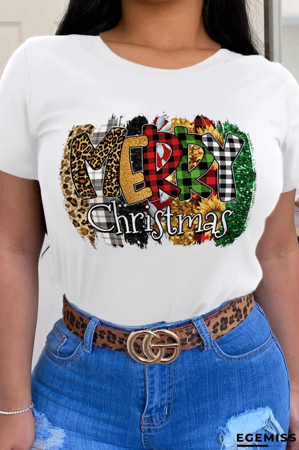 White Casual Vintage Print Patchwork Letter O Neck T-Shirts | EGEMISS