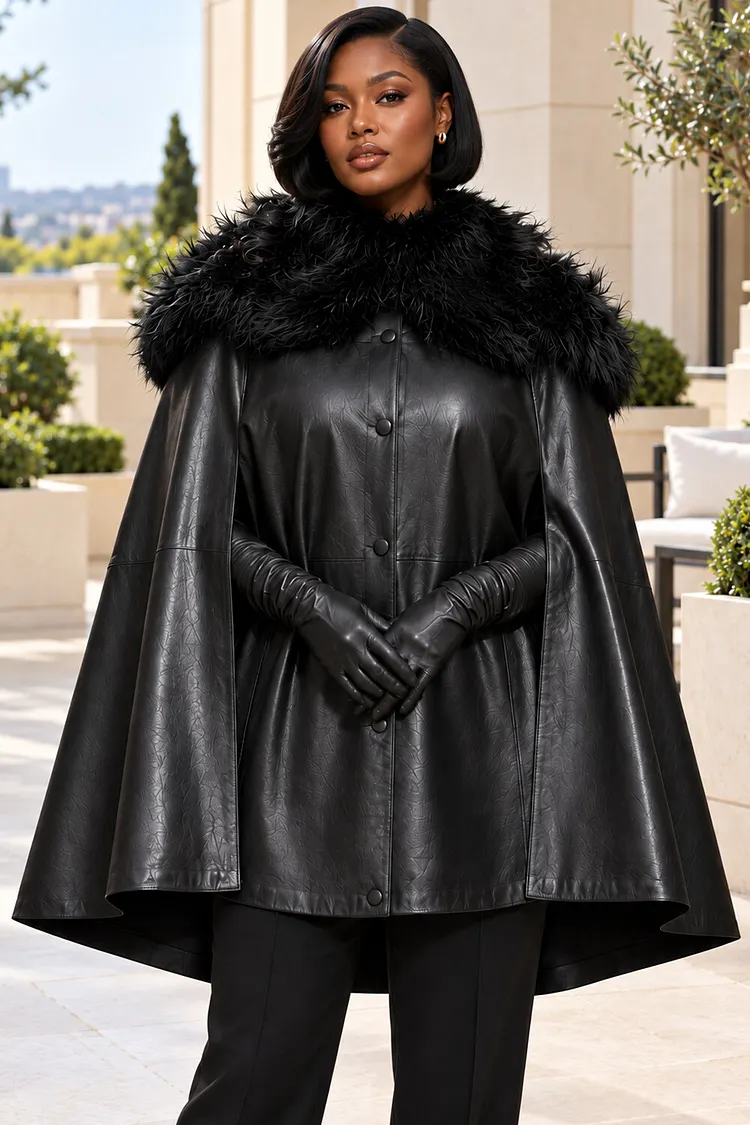 Xpluswear Design Plus Size Business Casual Faux Fur Black Turndown Collar Long Sleeve Contrast PU Leather Jacket [Pre-Order] 2024 - Xpluswear
