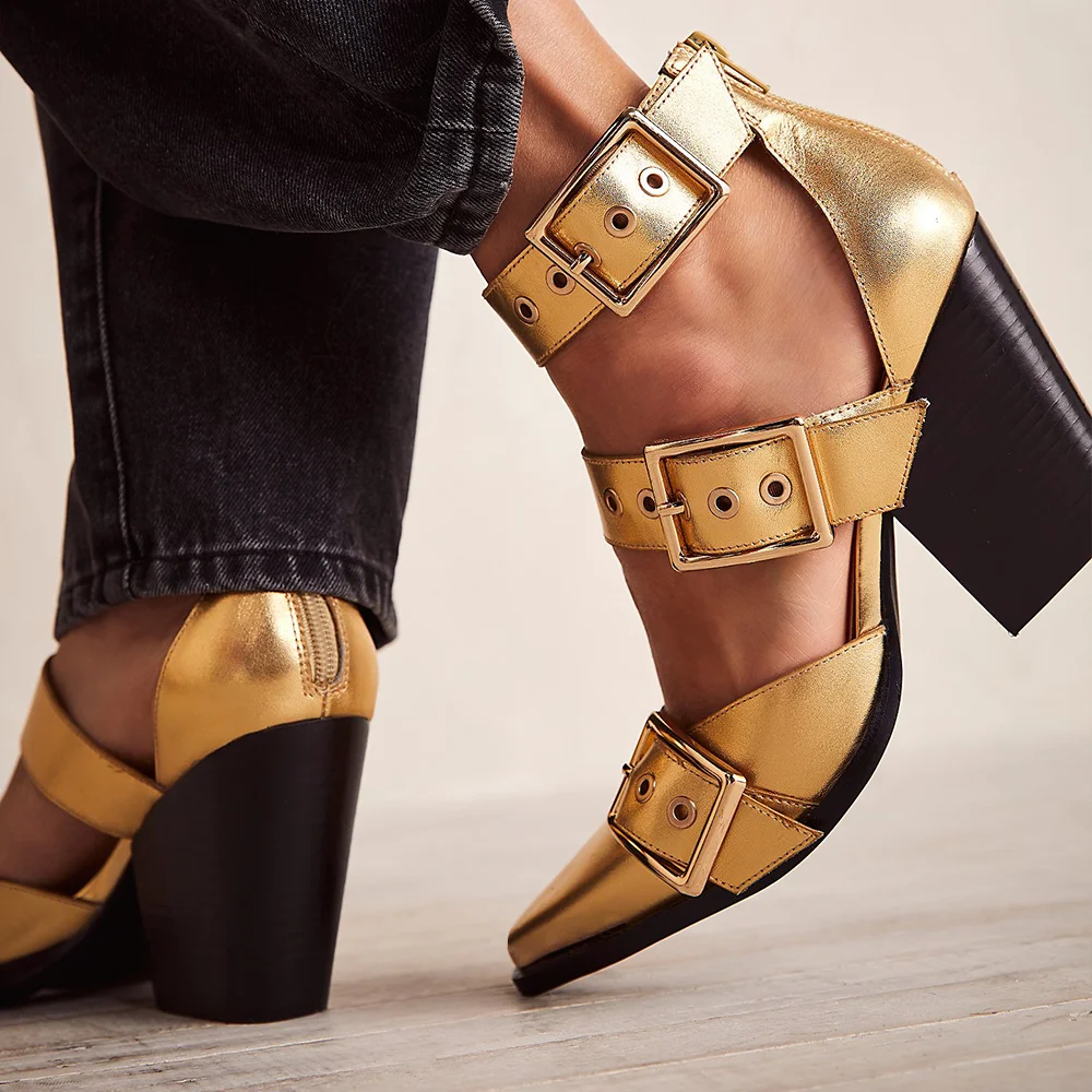Gold Vegan Leather Pointed Toe Buckled Straps Design Chunky Heels Nicepairs
