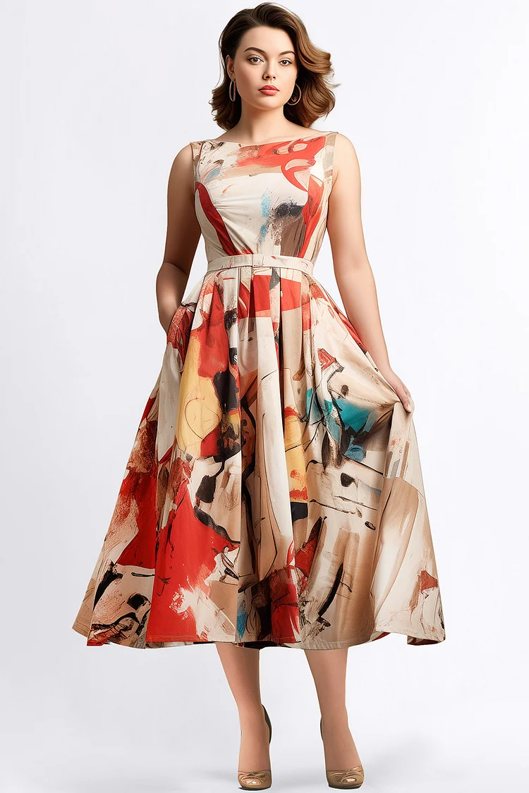 Zaruci Everyday Multicolor Abstract Print Sleeveless Tea-Length Dress [Pre-Order]