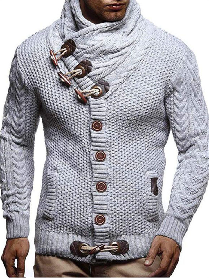 Men's Sweater Cardigan Turtleneck Sweater Knit Striped Stand Collar Stylish Clothing Apparel Winter Black Blue S M L