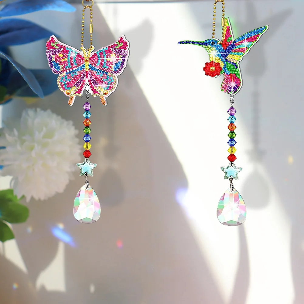 2pcs DIY Butterfly Hummingbird Suncatcher Diamond Drawing Hanging Ornament Kit