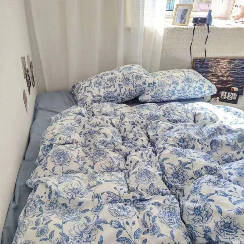 Aonga Blue Floral Duvet Cover Set with Pillowcase Bed Sheet No Filler 2024 New Single Double Queen Size Bedding Linens Fashion aonga