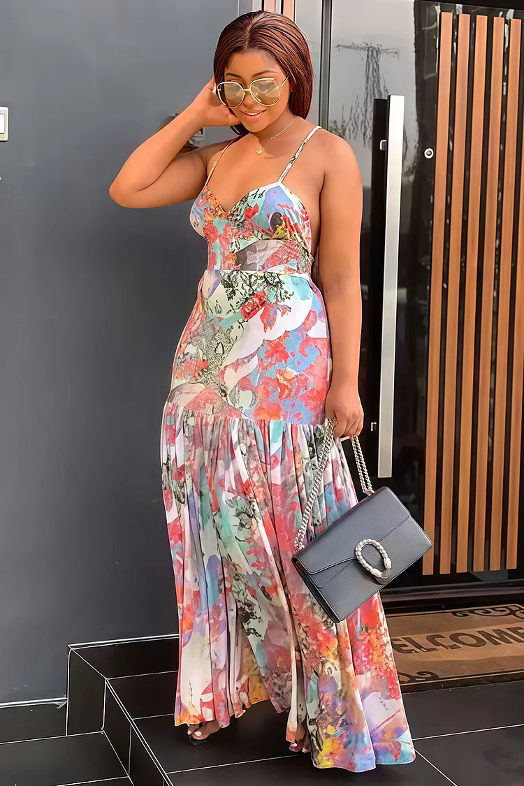 Floral Print Low Back Vacay Cami Maxi Fishtail Dresses-Multicolor [Pre Order]